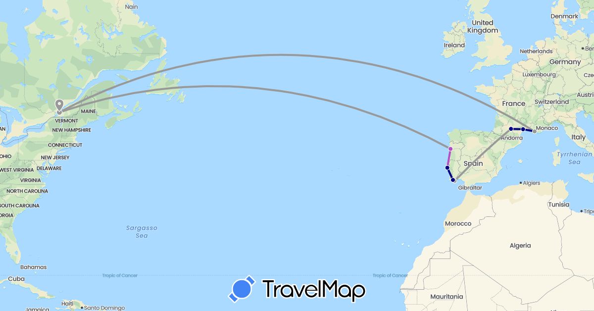 TravelMap itinerary: driving, plane, train in Canada, France, Portugal (Europe, North America)
